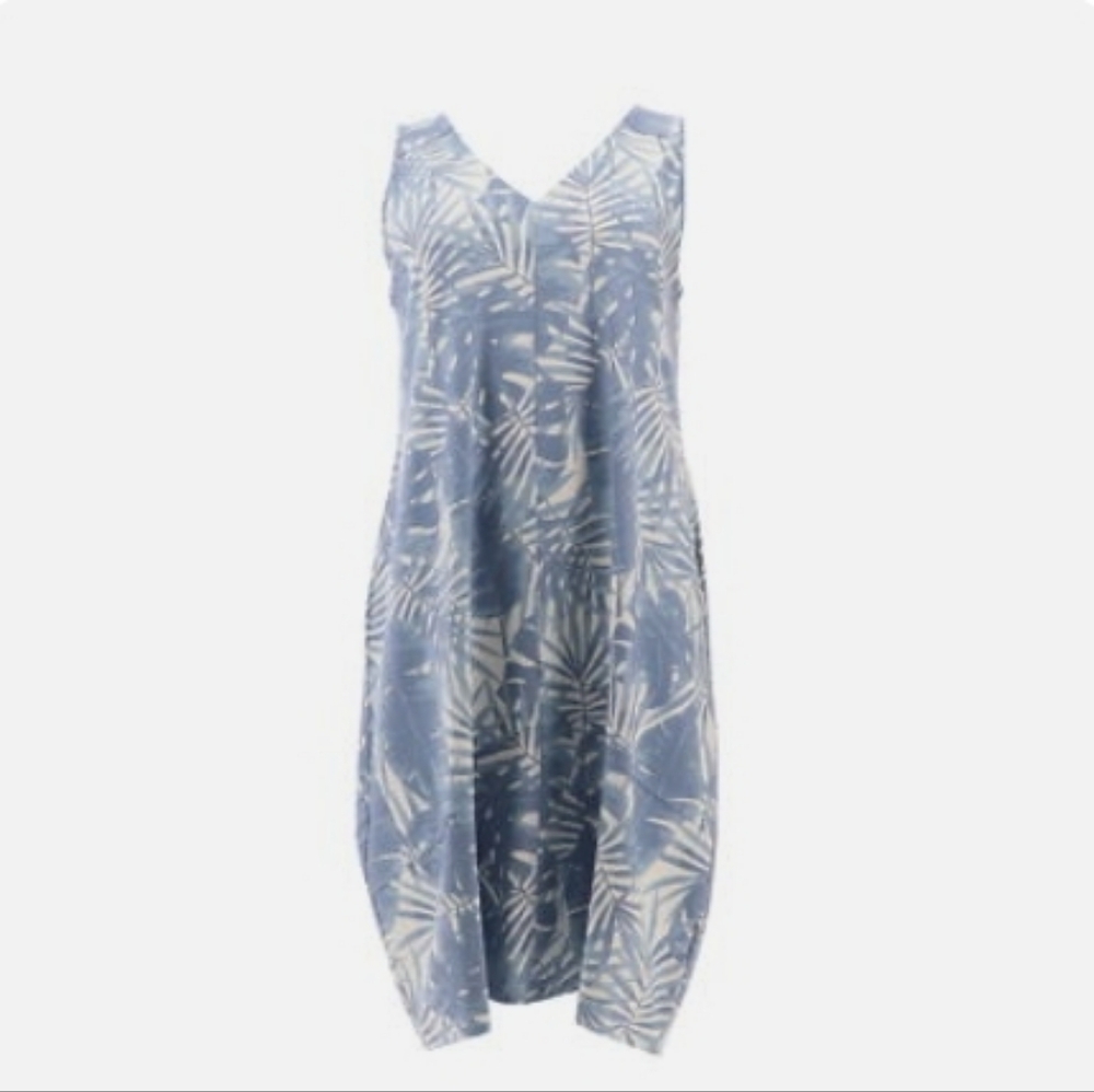 MarlaWynne Print Polished Knit Lantern Dress in the "Faded Blue Palm" colorway. 